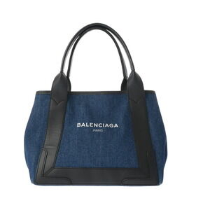 BALENCIAGA Navy Blue Cabas Denim Leather Handbag